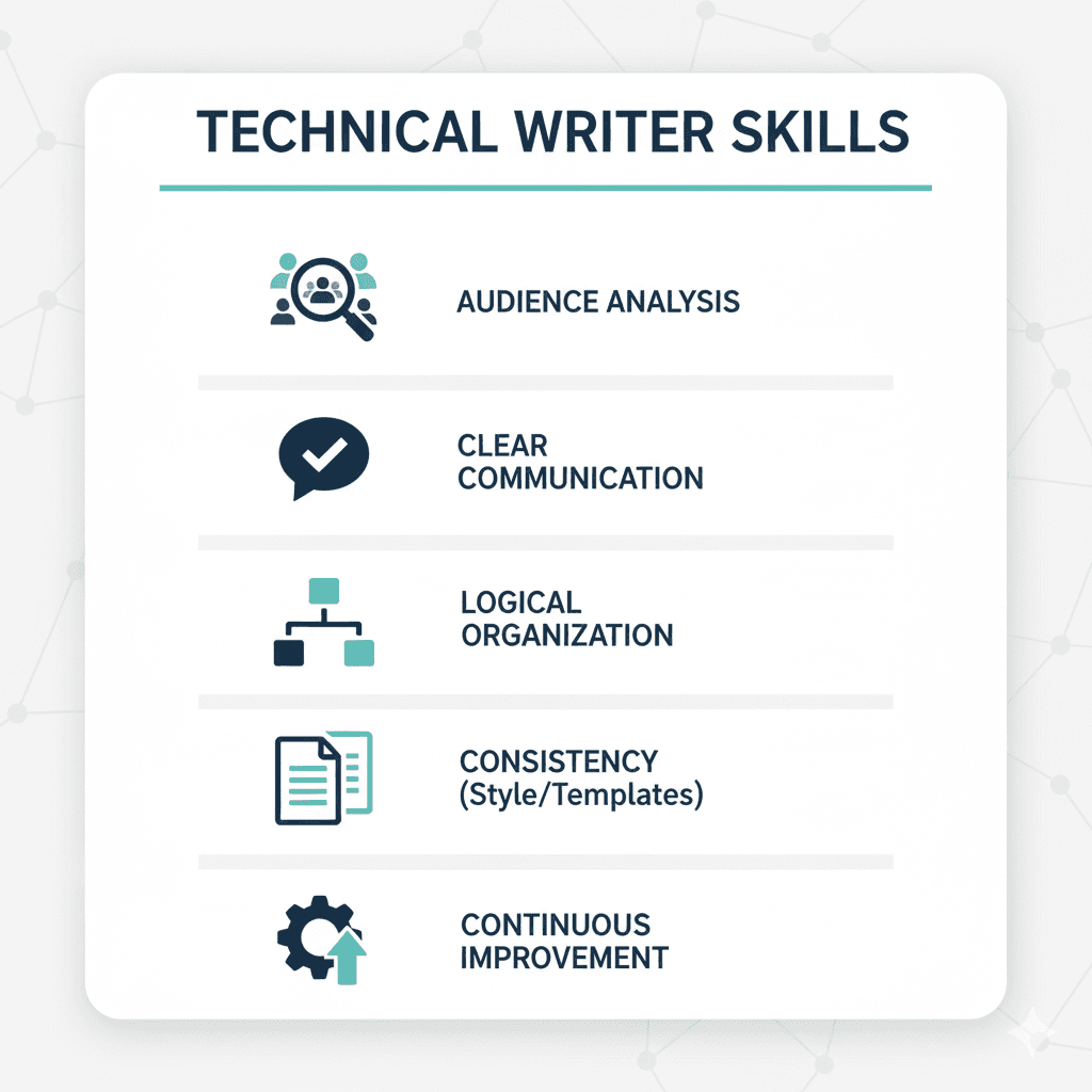 Document development lifecycle (DDLC): Important framework for managing documentation 5 diagrammatic representation of technical writer skills represented with icons