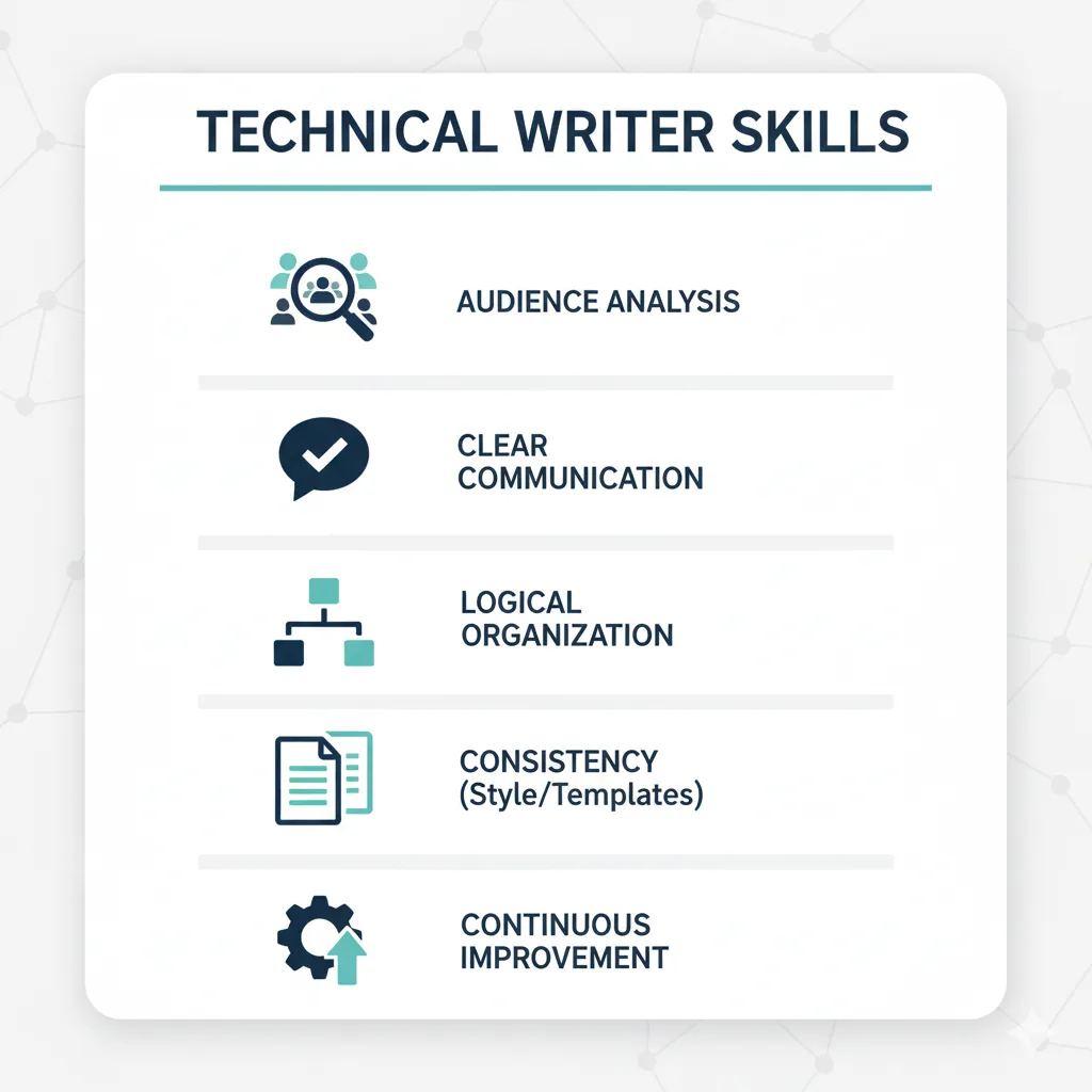 diagrammatic representation of technical writer skills represented with icons