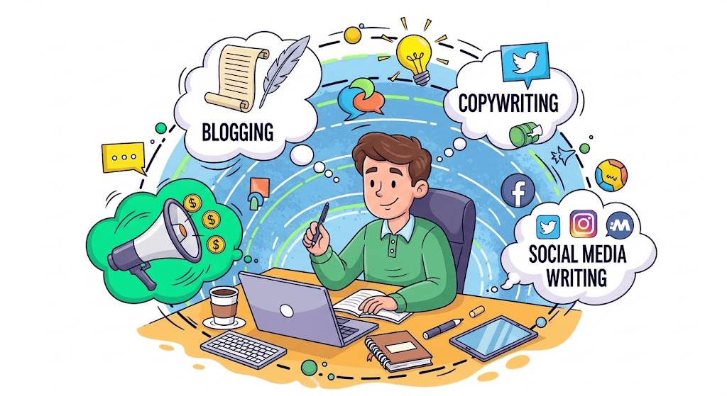 Shows iconic representations of types of content writing like blogging, social media writing, and copywriting.