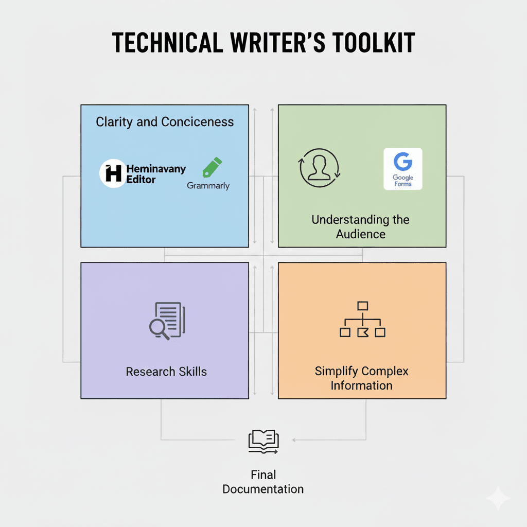 Learn technical writing 16 A grid showcasing the four essential skills—Clarity and Conciseness, Audience Understanding, Research, and Simplification—along with their corresponding free tools.