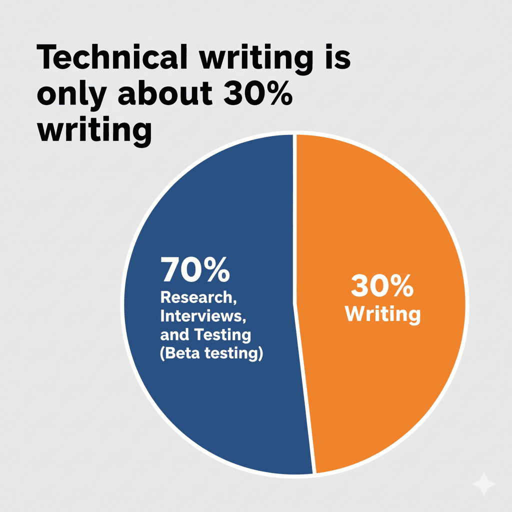 Learn technical writing 15 A pie chart illustrating the technical writer's time allocation, with 70% dedicated to research, interviews, and testing, and 30% dedicated to writing.