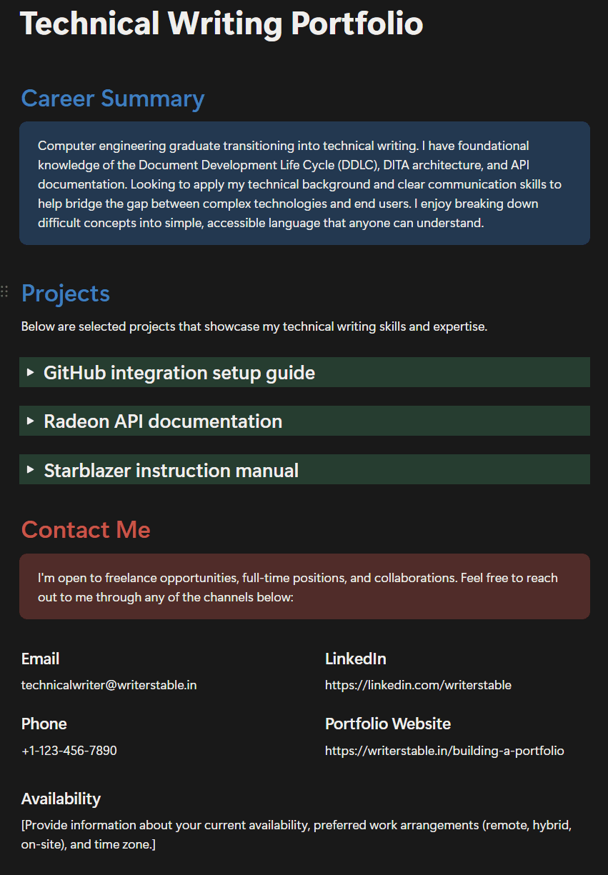 What to include in a technical writing portfolio? 4 example structure of a simple technical writing portfolio showing what to include in a technical writing portfolio