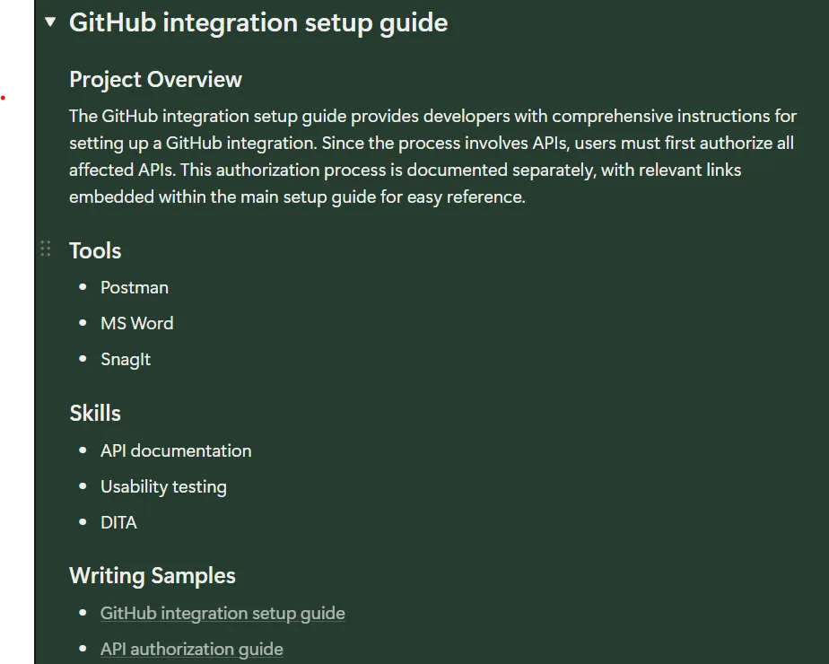 What to include in a technical writing portfolio? 5 Example of a project description including project overview, audience, and challenges. Example also includes a list of tools, skills, and links to the document