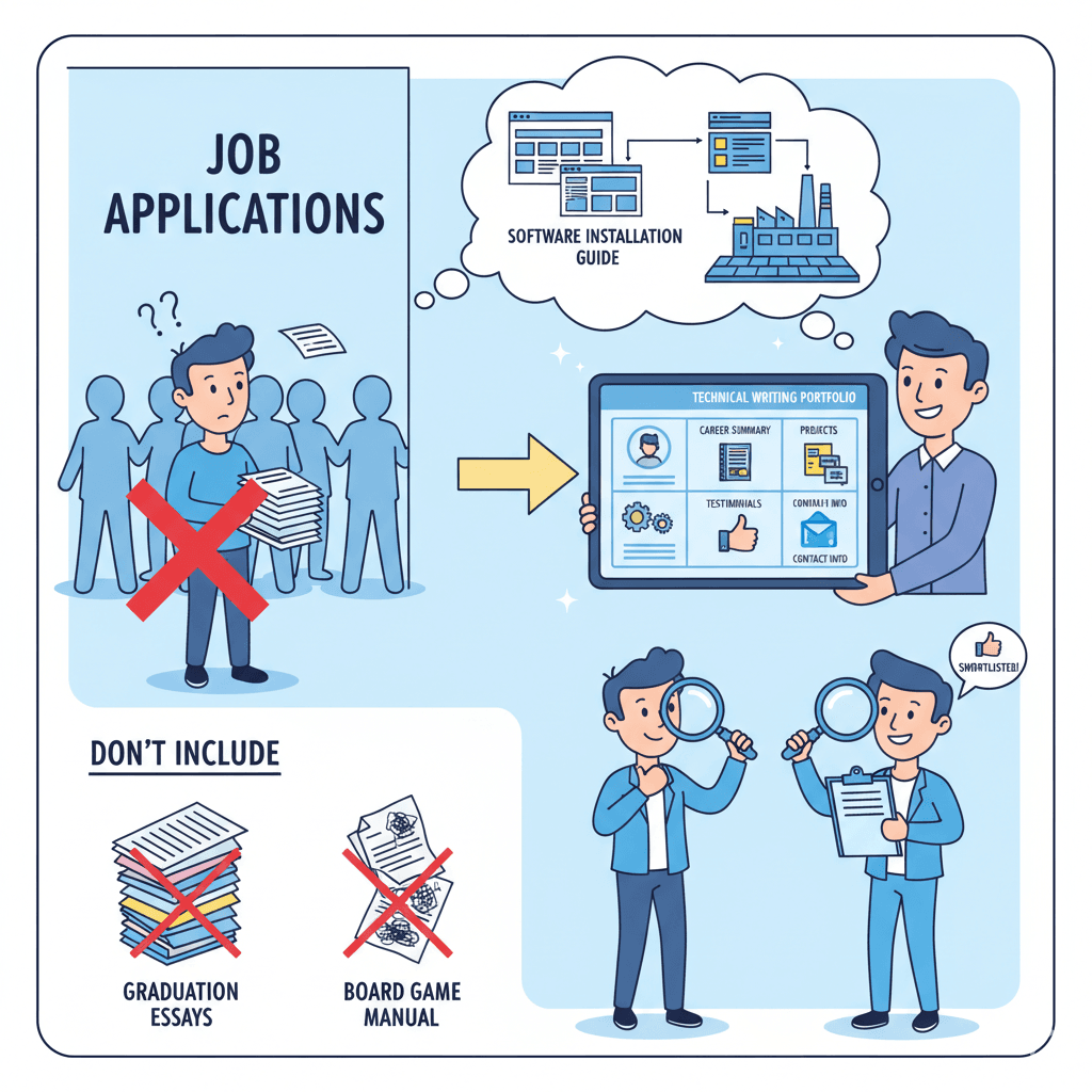 What to include in a technical writing portfolio? 3 cartoon depiction showing a successful job application with a complete technical writing portfolio