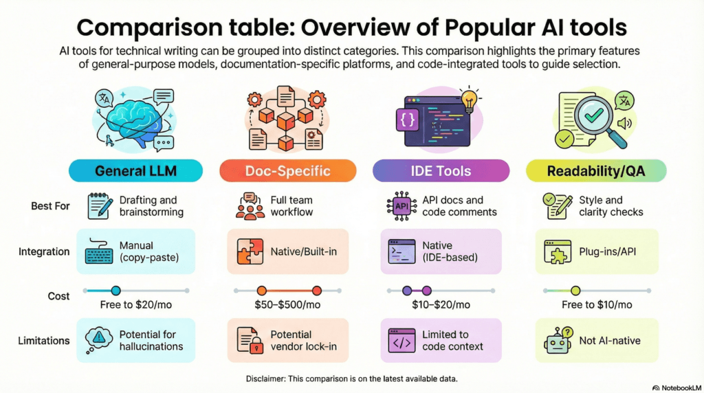 AI in technical writing: The ultimate guide for writers and doc teams 2 comparison of AI tool categories based on best use case, integrations, cost, and limitations