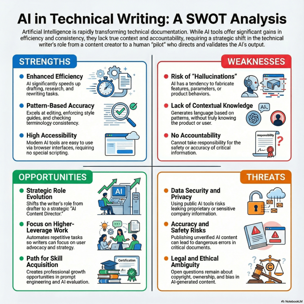 AI in technical writing: The ultimate guide for writers and doc teams 5 infographic showing a swot analysis of ai in technical writing. Strengths: enhanced efficiency, pattern‑based accuracy, high accessibility. Weaknesses: risk of hallucinations, lack of contextual knowledge, no accountability. Opportunities: strategic role evolution, focus on higher‑leverage work, path for skill acquisition. Threats: data security and privacy risks, accuracy and safety risks, legal and ethical ambiguity.